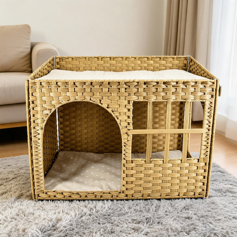 Lit pour chat rectangulaire en osier de polyuréthane tissé à la main, nid de chat semi-fermé respirant avec coussin amovible et structure en fer, maisonnette rustique pour chats d'intérieur