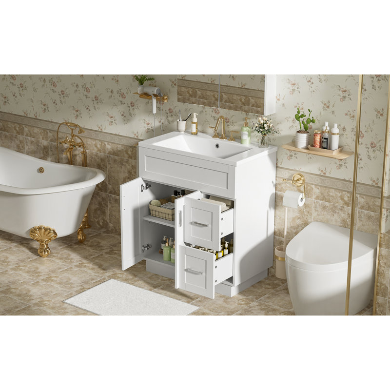 [Vidéo] Meuble-lavabo de 30 pouces avec 2 portes, 2 tiroirs, tablette réglable, glissières cachées pour les tiroirs et charnières pour portes
