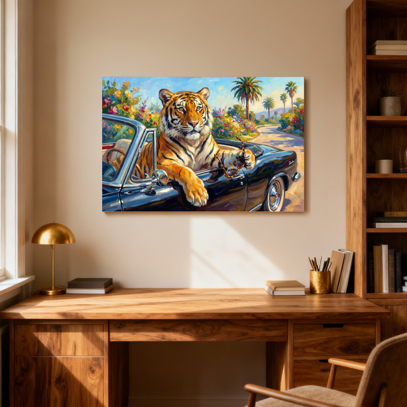 Animaux, tigre au volant d'une voiture classique dans une scène tropicale, H 16 po x l 24 po