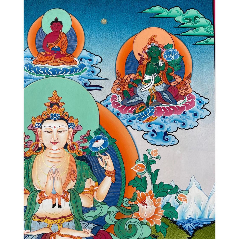 Chengrezig Thangka (Thangka sans brocart) | Or 24 carats, gouache et acrylique sur toile de coton