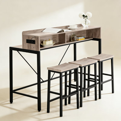 4-piece bar table and chairs set, bar table with LED light and 3 saddle stools by Ebern Designs