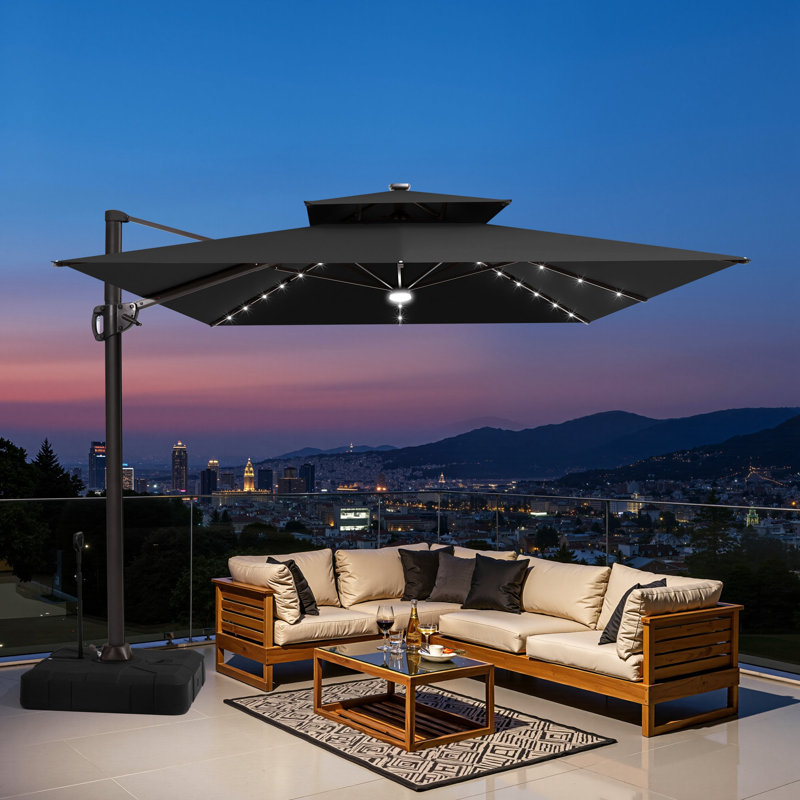 Parasol lumineux en porte-à-faux 11 x 9 pi avec base lestée - déplaçable sans effort par une seule personne, Noir