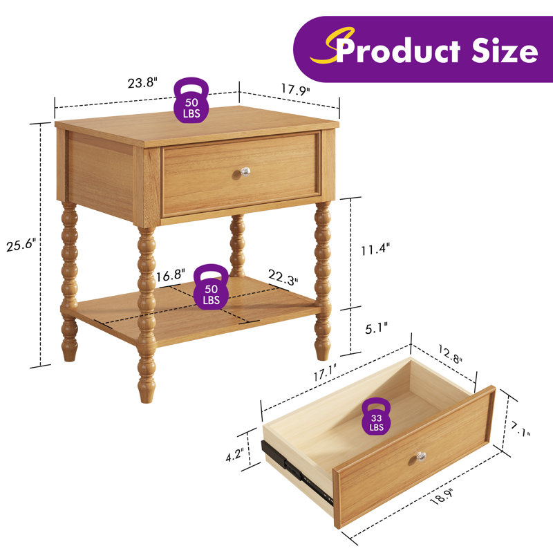 24'' Turned Solid Wood Spindle Nightstand with Drawer&Open Shelf,Natural, Natural,  Set of 2