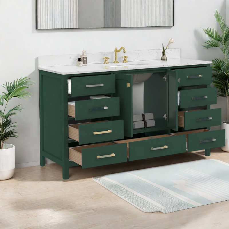 Meuble-lavabo moderne vert avec lavabo, solution de rangement en bois massif de 60 po