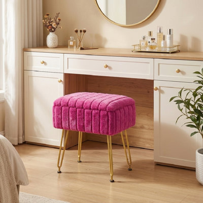 Tabouret de coiffeuse avec rangement, fauteuil de maquillage en fausse fourrure avec pieds en métal, petit repose-pieds pour la chambre à coucher