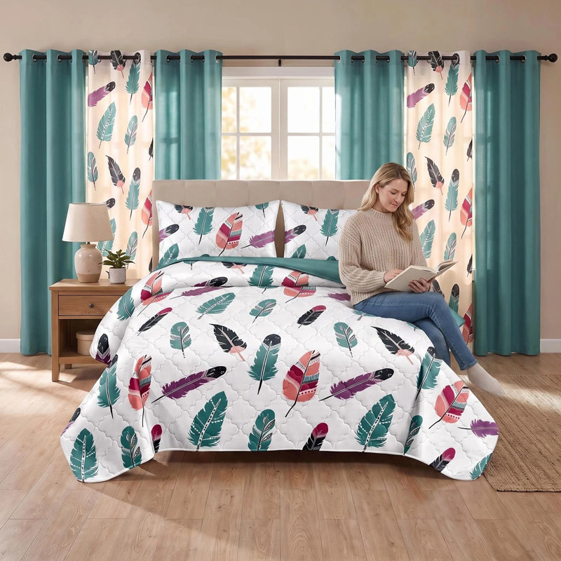 Ensemble de couvre-lit et rideau 9 pièces en microfibre bleu sarcelle 9 pièces avec 2 taies décoratives et 6 panneaux de rideau à œillets filtrant la lumière