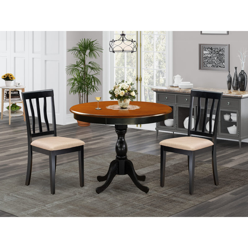 L'ensemble de table 3 pièces Mid-Century comprend une table de salle à manger et 2 chaises de salle à manger en lin avec dossier à lattes - finition noire