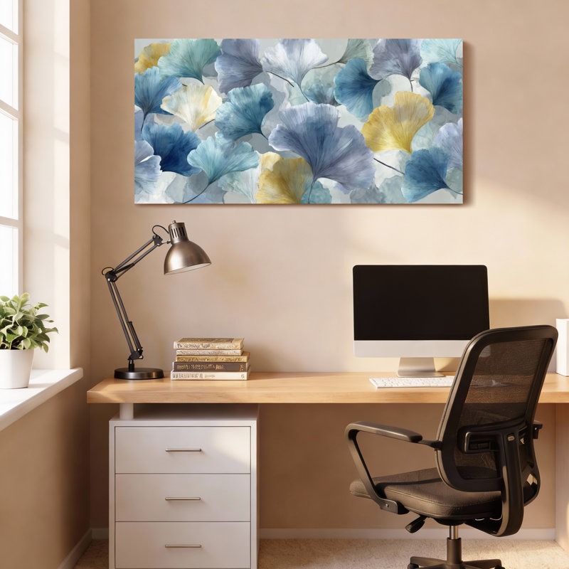 Tableau sur toile tendue, motif floral bleu et jaune à l'aquarelle, composé d'un tableau., H 12 po x l 36 po