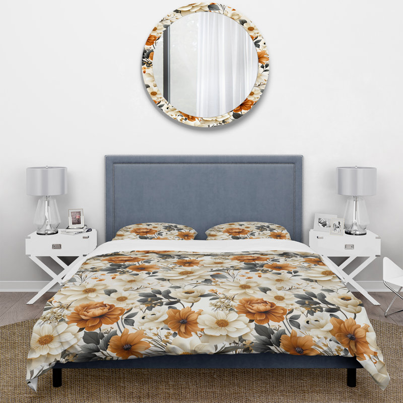 Literie, Housse de couette très grand et 2 très grandes t, Beige / jaune rétro Bouquets de grâce