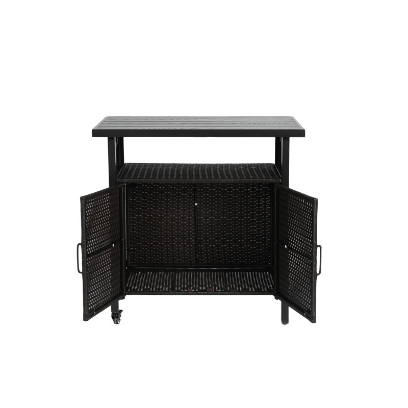 Table roulante pour comptoir de bar à boissons avec plateau en verre pour la cour arrière - noir, grandes plaques de comptoir, roues de chariot de service à vin de patio noires, cadre en acier, outils à compartiments fermés