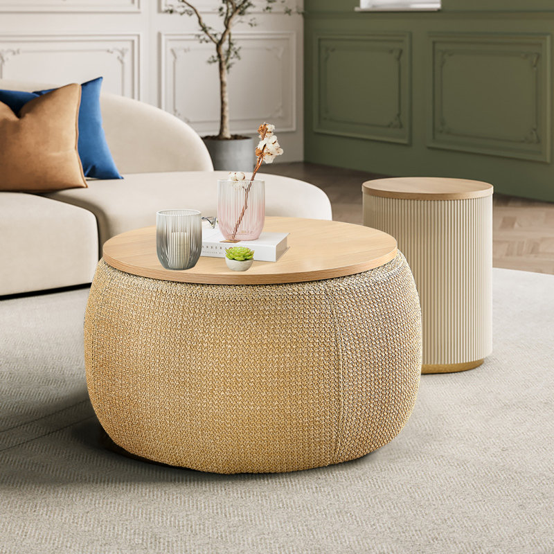 Repose-pieds de rangement rond de 25,5 po de largeur avec couvercle amovible - Repose-pieds rembourré d'aspect lin et table basse - Naturel