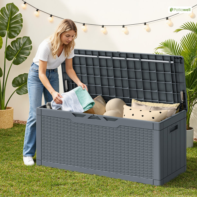 Boîte de rangement verrouillable en résine 100 gallons avec coussin, Gris