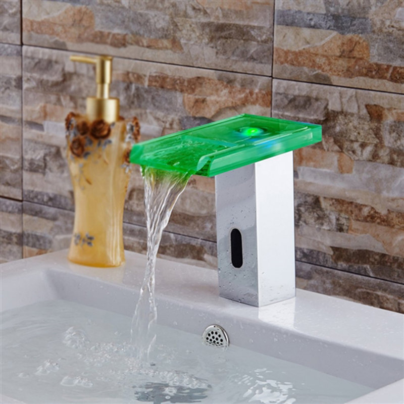 BathSelect Water Powered Chrome Finish LED Motion Sensor Waterfall Commercial Automatic Faucet