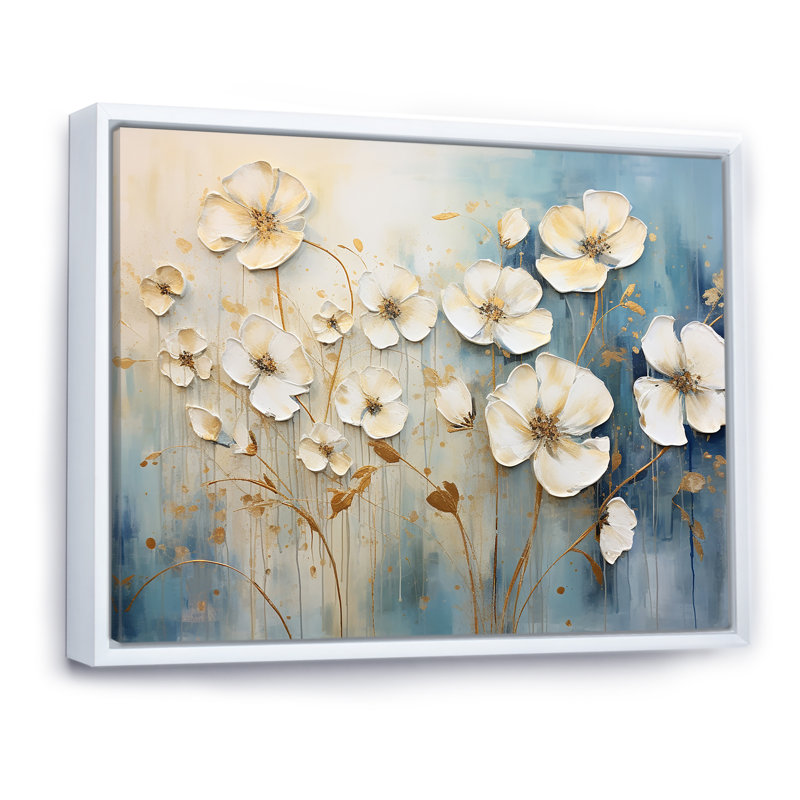 «Elegant Beige Buttercups Meadow» - impressions sur toile Buttercups, Cadre flottant blanc, H 12 po x l 20 po x P 1 po