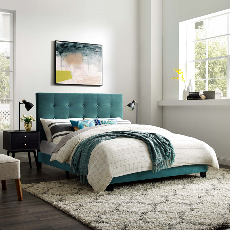 Modway Melanie Tufted Button Upholstered Performance Velvet Platform Bed, Full, Sea Blue
