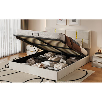 Queen Size Upholstered Platform Bed With Hydraulic Storage System,No Box Spring Needed,Beige