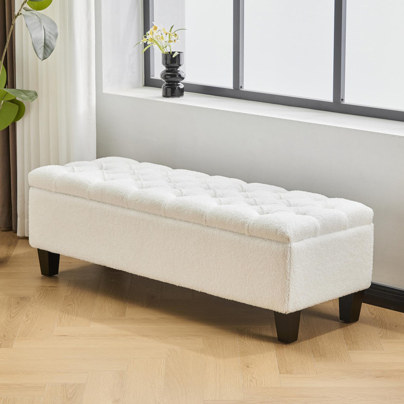 Banc repose-pieds avec rangement, surface Whiteboucle, pieds en bois d'hévéa, capacité de 300 lb
