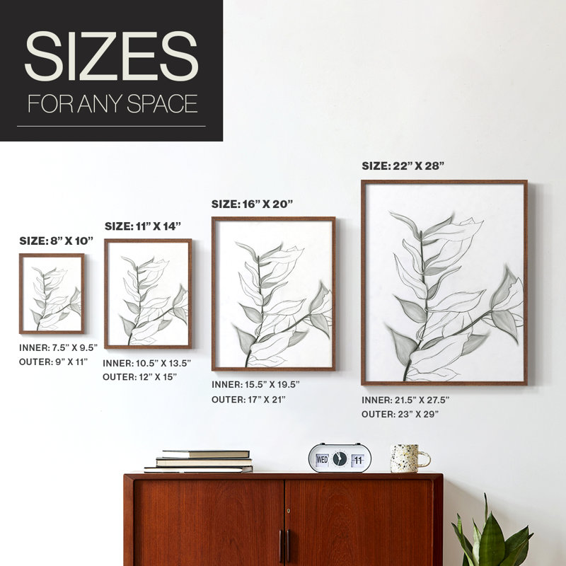 Reproduction encadrée de feuillage gris anthracite - bois massif, H 30 po x l 24 po, Noyer
