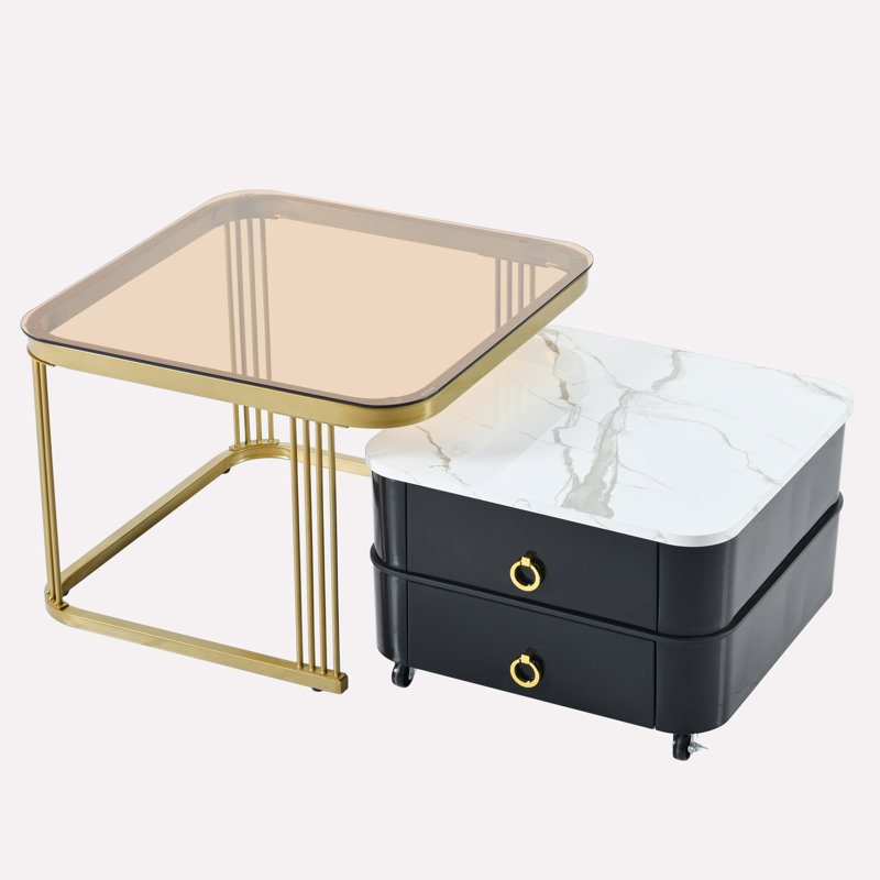 Datca Glass Top 2 - Drawer Nesting Tables, Black