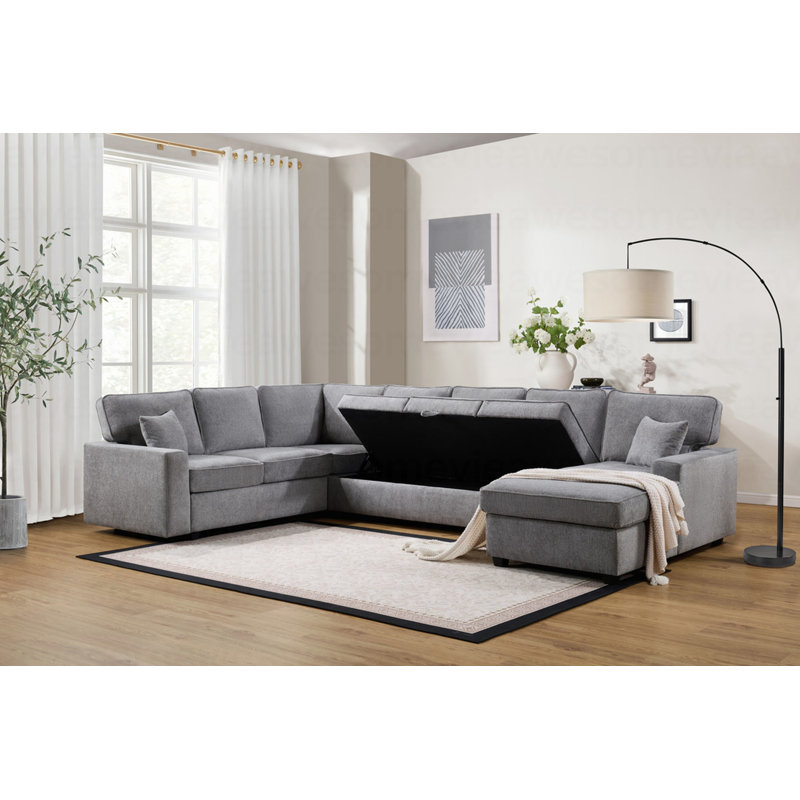 Canapé modulaire moderne en chenille l 137 po avec méridienne orientée à droite, rangement sous le siège et coussins décoratifs