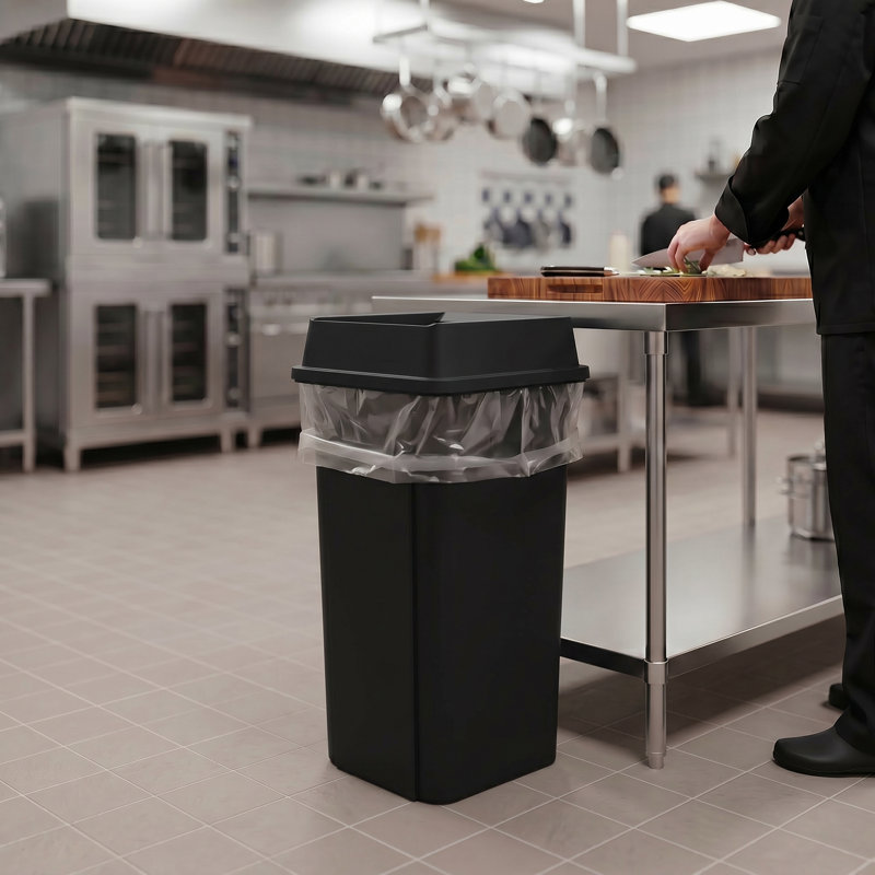 Poubelle carrée en plastique 23 gallons avec couvercle pivotant et canaux d'aération, Black
