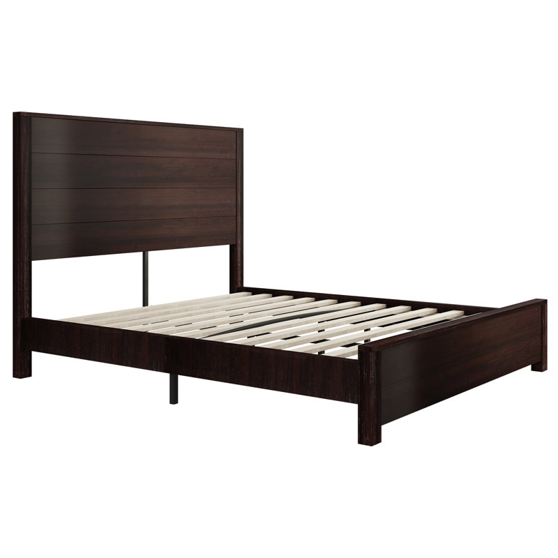 Queen Dark Brown Pine Wood Platform Bed with Tall Headboard