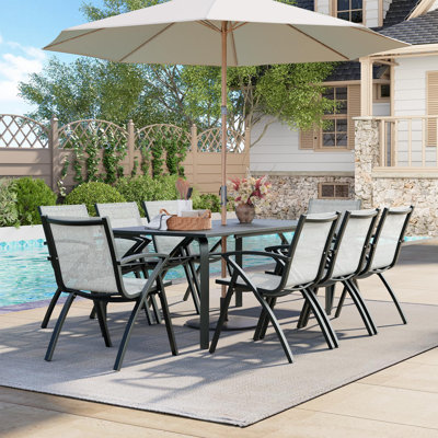 Table de salle à manger d'extérieur moderne 71 "avec trou pour parasol - table de patio en aluminium de qualité marine, conception résistante aux intempéries et à la rouille pour les restaurants, les cours, la piscine - Table grise résistante aux égratignures