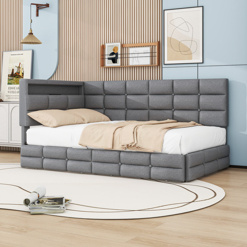 Twin 2 Drawers Upholstered Daybed with Charging Station and Lights, Gray