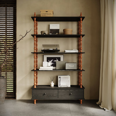 Bookcase Shelf Wood Book Shelf 74.4 Inch Tall,5 Tier Black Shelving Units And Storage Drawers, Modern Solid Wood Veneered Free Standing Shelves, Livin