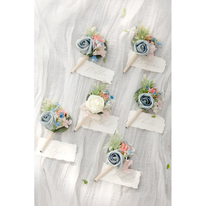 Boutonnières Ling's Moment bleu poudré, Bleu cendré et crème
