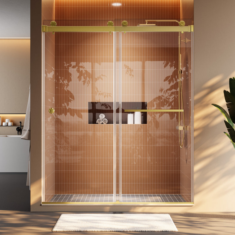 Porte de douche coulissante double sans cadre l 55 à 59 po x H 72 po | Verre trempé à onde lumineuse certifiée 8mm mm par la CCGM | Installation réversible | Quincaillerie en acier inoxydable brossé doré
