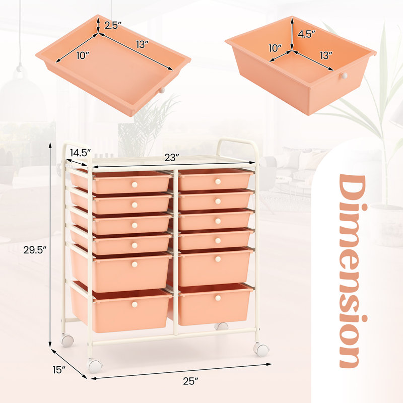  Bureau avec chariot à roulettes et 12 tiroirs de rangement, Orange / blanc
