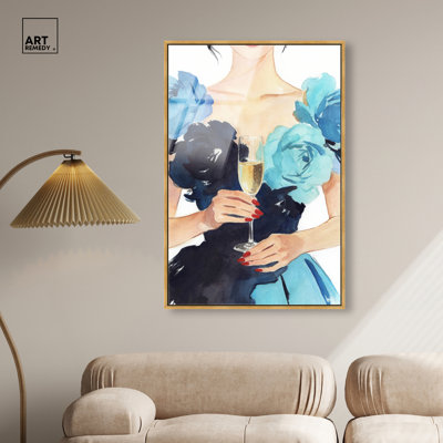 Champagne & Roses - Ira Colmeva, reproduction d'art encadrée, art Martini par Art Remedy, cadre doré, 30 x 45
