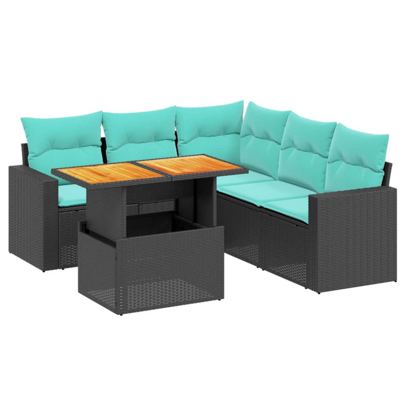 Ensemble de canapé de patio 6 pièces avec coussins en rotin de polyester, Bleu clair, Noir