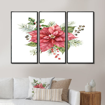 «Holly Mistletoe Berries & Christmas Fir Branch II», peinture sur toile 3 pièces