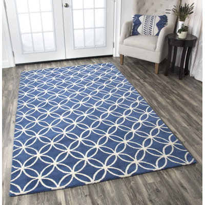 Tapis en laine bleu et blanc à motif géométrique touffeté à la main