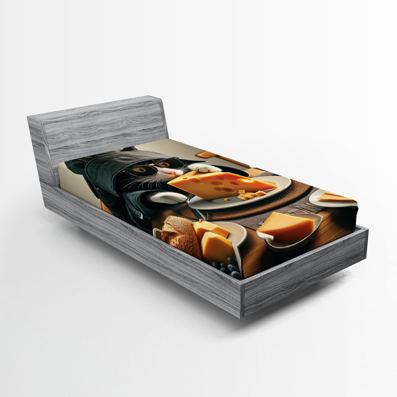 Drap-housse pour chat Ambesonne_ Chaton s'amusant avec du fromage_ Souci et gris anthracite, Drap-housse simple TG