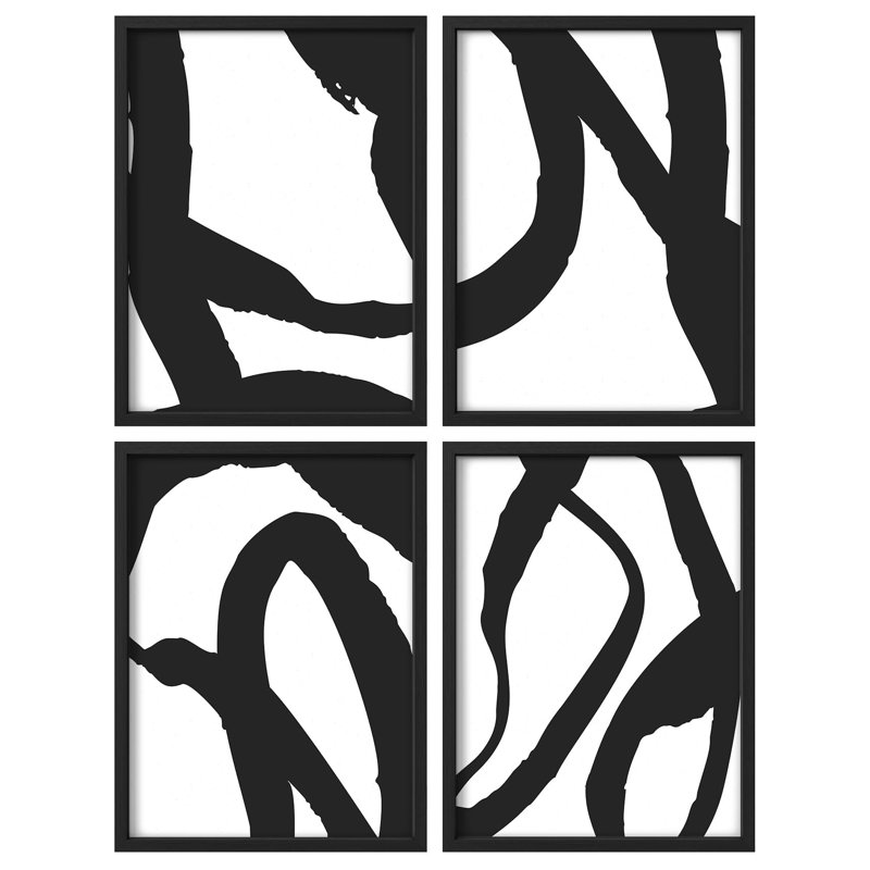 "Art moderne noir et blanc à coups de pinceau" - 4 pièces, H 10 po x l 8 po, Noir