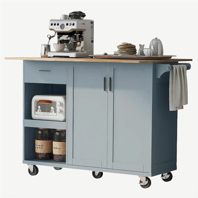 Îlot de cuisine à table pliante avec tablette coulissante, porte-serviettes, tiroir, chariot de cuisine à roulettes avec roulettes, adapté pour la cuisine, le salon, la salle à manger, gris et bleu