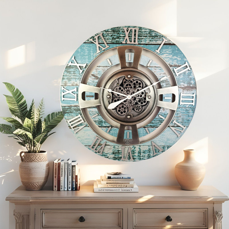 Solid Wood Wall Clock, Aqua Green, Oversize 91.4cm