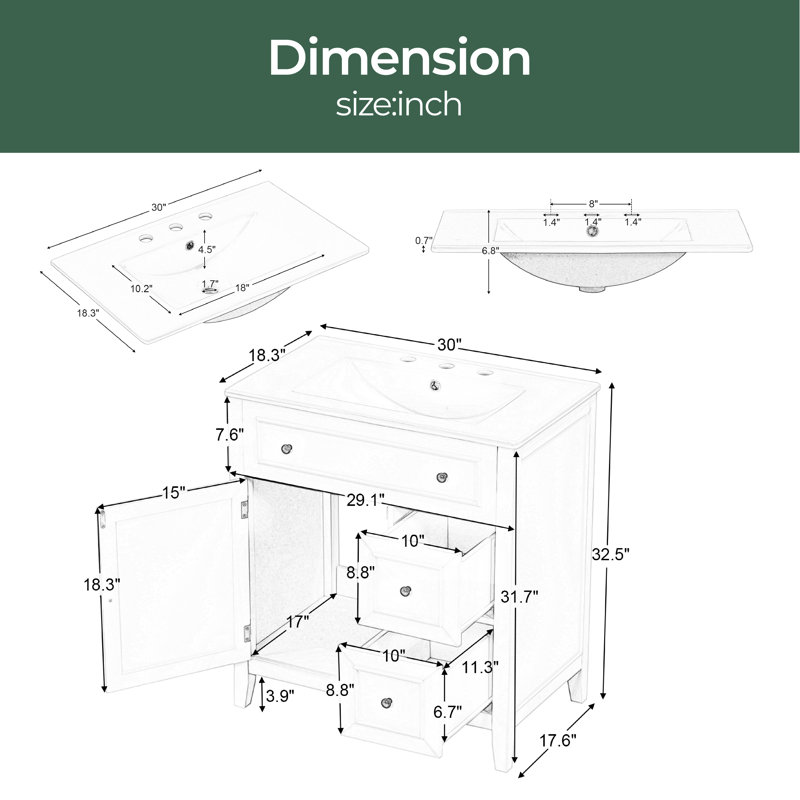 Meuble-lavabo simple 30 po avec plateau Nahshon, Vert