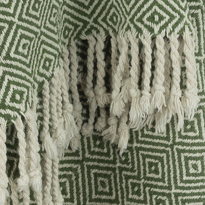 Green and Natural Cotton Geometric Throw Blanket with Fringe