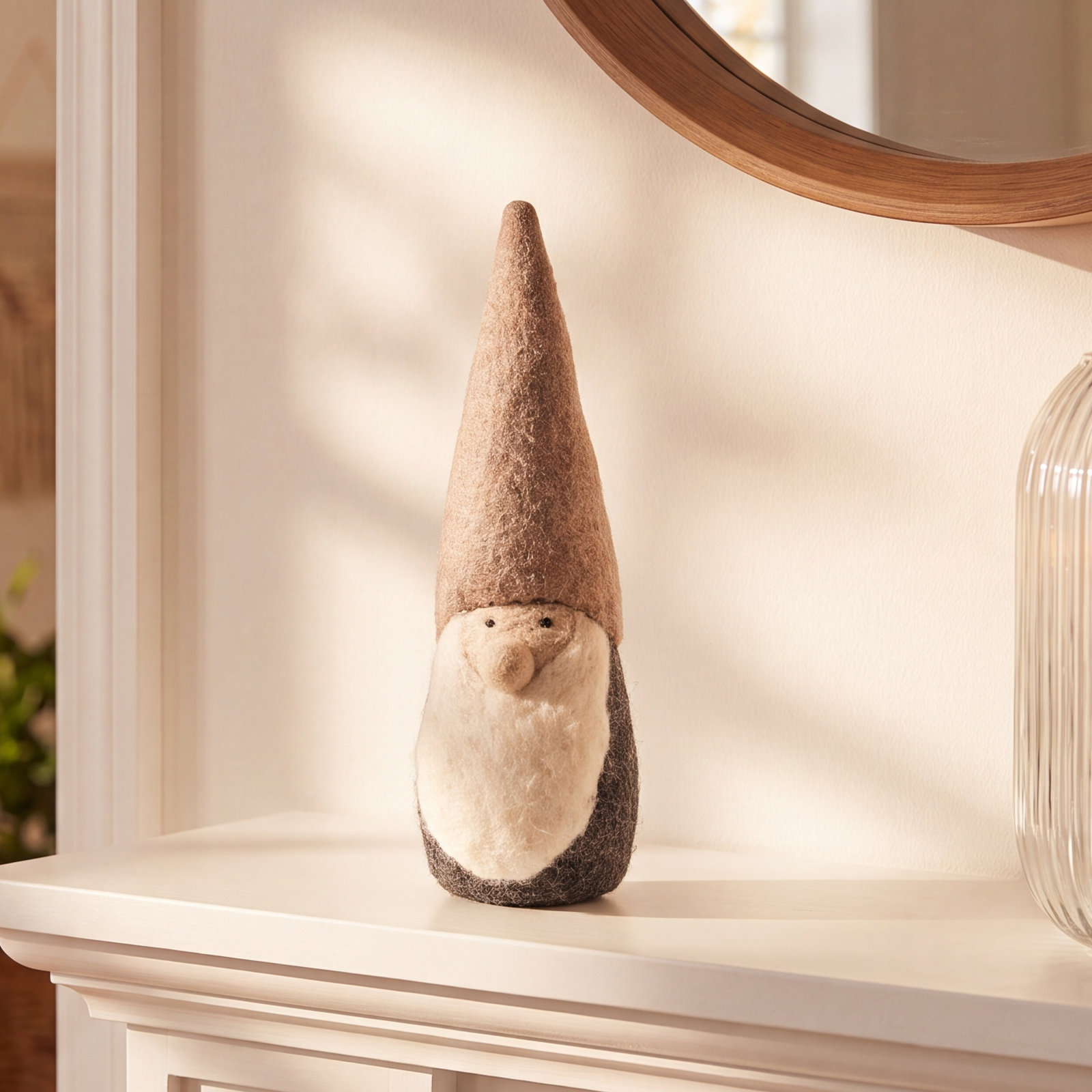Felted Woodland Gnome, Medium: 12" H X 3.5"  (diameter at base), Tan/Charcoal/White