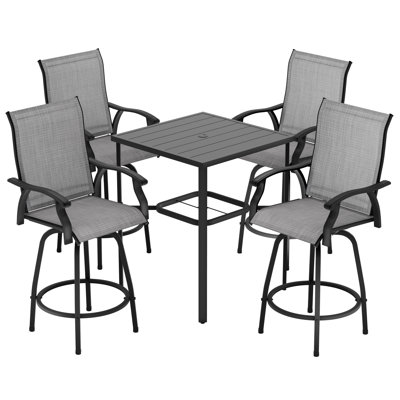 Ensemble de bar 5 pièces pour patio avec trou pour parasol et tabourets de bar pivotants en textilène
