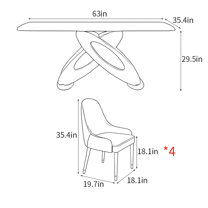 Ensemble de table à manger rectangulaire de style italien., H 29,5 po x L 63 po x l 35,4 po