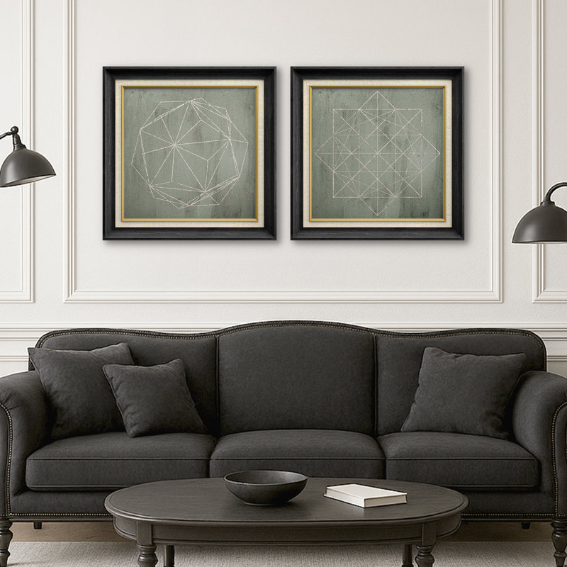 «Green Geometric Polygons Abstract Shapes», ensemble de 2 pièces encadrées sur toile, H 26 po x l 26 po, Black Gallery Frame