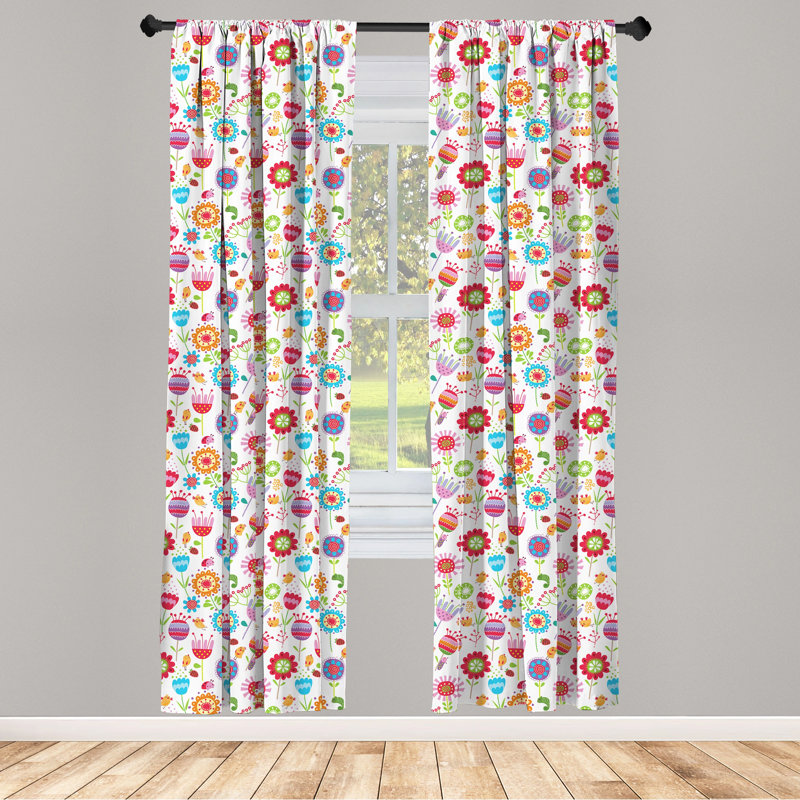 Flower Curtains, Playful Garden Colorful Meadow with Blossoming Flowers Strawberries Birds Animals, Window Treatments Panel for Living Room Bedroom Decor, Multicolor Semi-Sheer Rod Pocket Sliding Panel