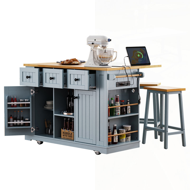 Spacious Kitchen Island With Bar Stools, Power Outlet, And Versatile Storage Solutions For Enhanced Cooking And Dining Experience.