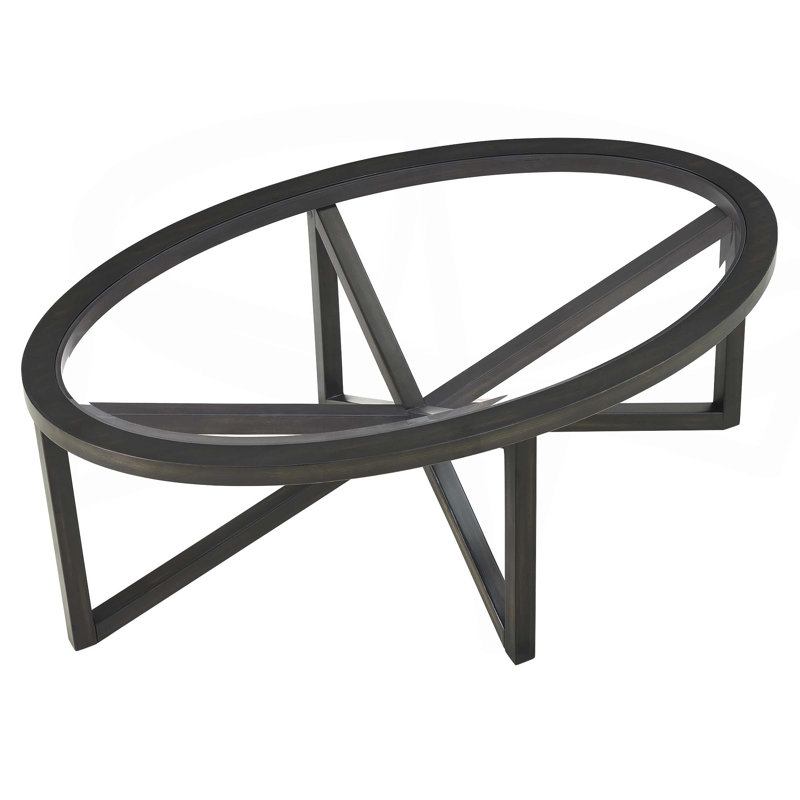 Table basse en verre trempé avec base en bois massif et plateau rond en verre transparent, Noir