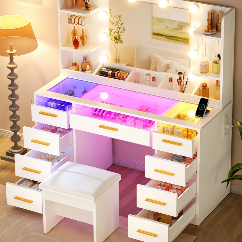 Adriel 43.3"W Makeup Vanity Desk With Lights, See-Through Desktop, Power Outlet